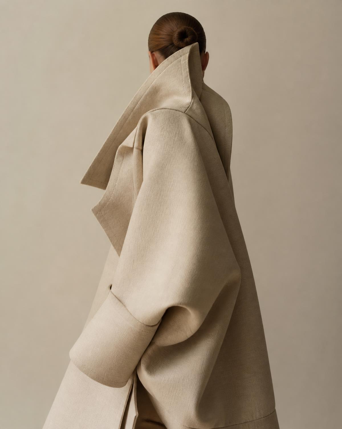Editorial fashion image of a sculptural coat in undyed natural fibre textile